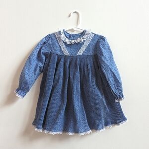 Vtg Dress 18-24m Blue Calico Floral Pleated Cottagecore Girls